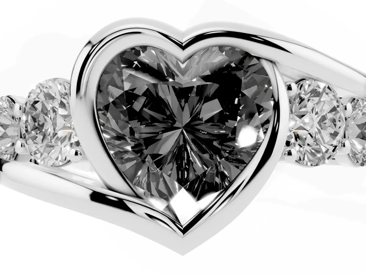Fancy Black Bezel Set Heart Cut Diamond Bypass Ring with Round Accents Silver