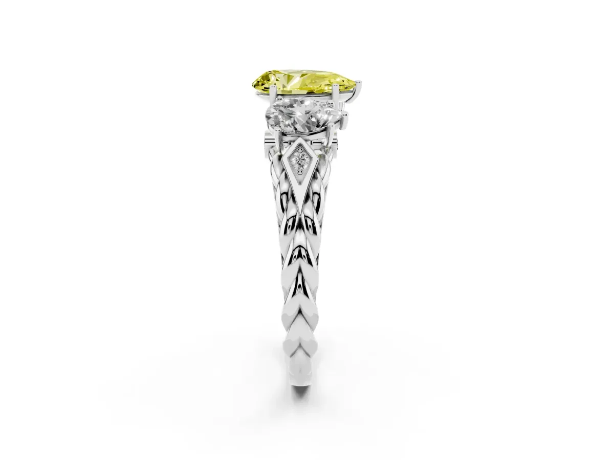 Fancy Yellow Three-Stone Pear Cut Diamond Braided Band Ring with Four-Prong Setting Silver