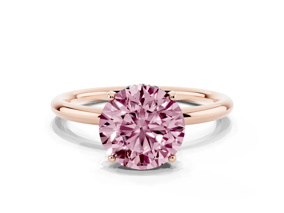 Fancy Pink Round Cut Solitaire Diamond Ring with a Classic Band and Four-Prong Setting Rose gold