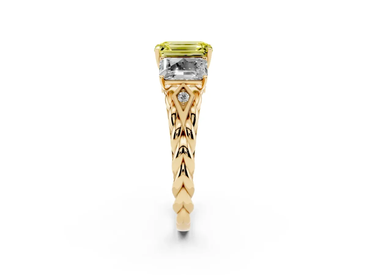 Fancy Yellow Three-Stone Emerald Cut Diamond Braided Band Ring with Four-Prong Setting Yellow gold