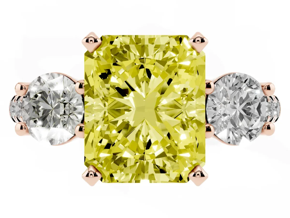 Fancy Yellow Three-Stone Radiant Cut Diamond Pavé Band with Four-Prong Setting Rose gold