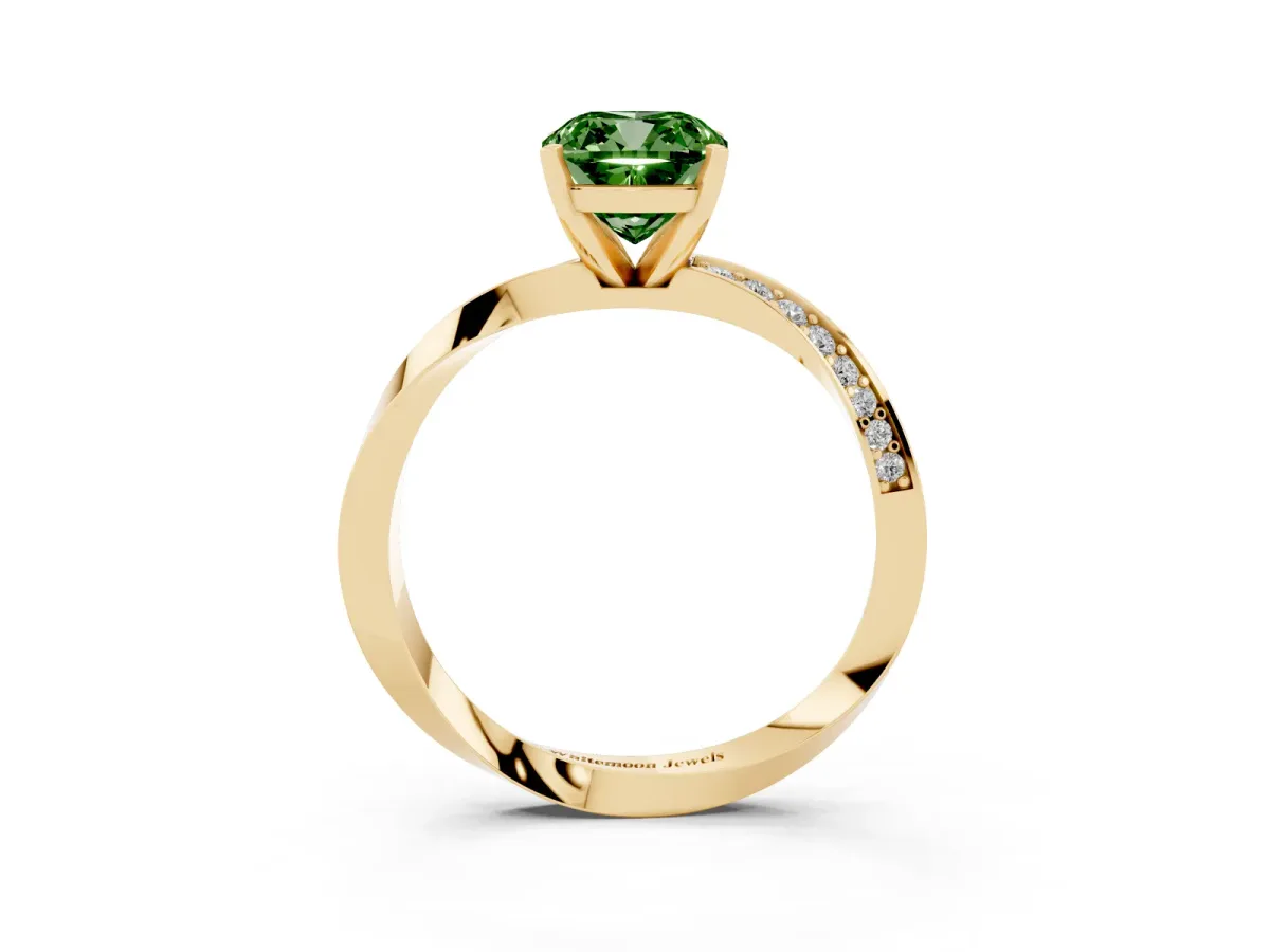 Fancy Green Cushion Cut Diamond Engagement Ring with Side Stone Accents and Four-Prong Setting Yellow gold