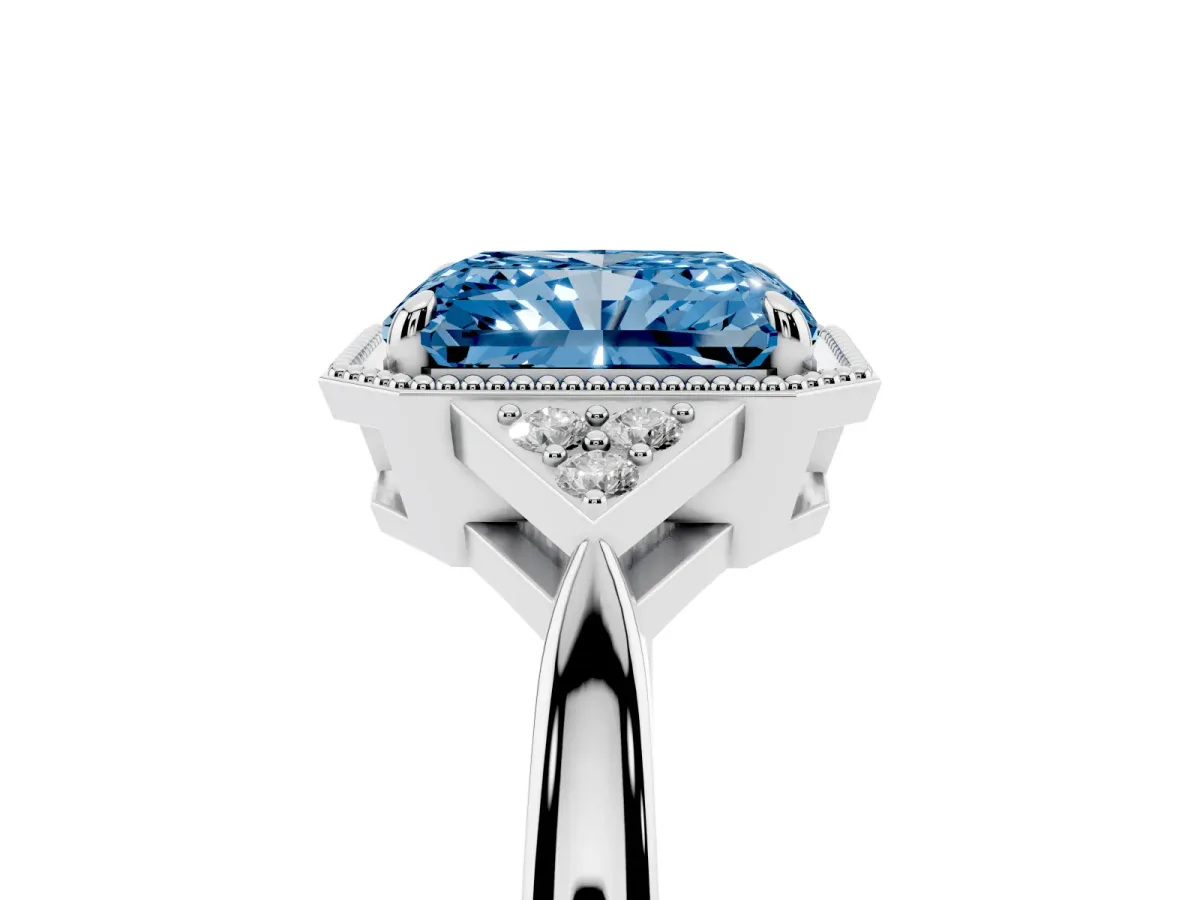 Fancy Blue Hexagonal Halo Radiant Cut Diamond Solitaire with Pavé Band and Four-Prong Setting Silver