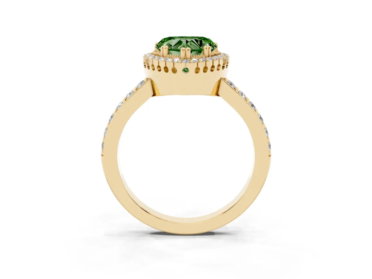 Fancy Green Heart Cut Cut Diamond Halo Engagement Ring with Milgrain Detail and Pavé Band Yellow gold