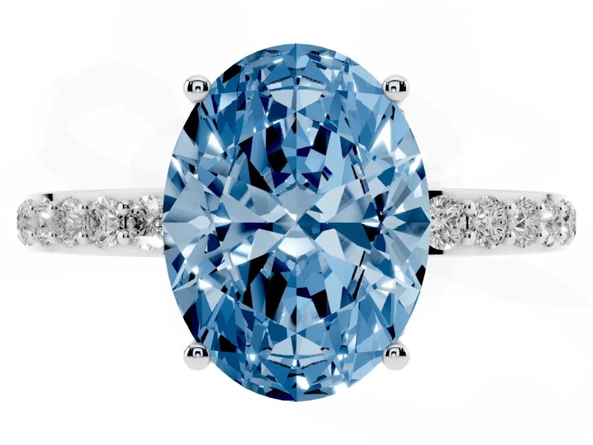 Fancy Blue Oval Cut Diamond Solitaire Ring with Pavé Band and Hidden Halo Silver