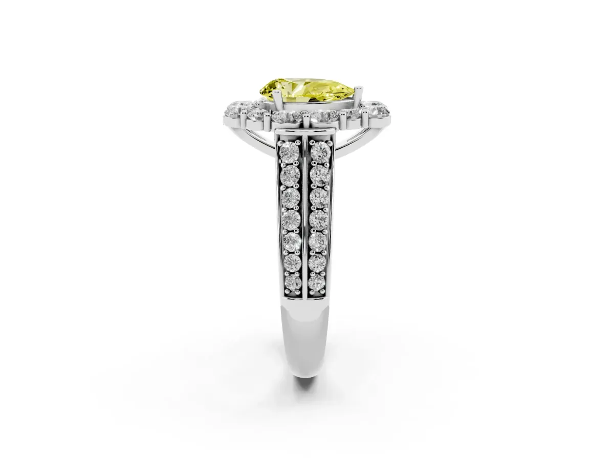 Fancy Yellow Pear Cut Halo Diamond Engagement Ring with Split Shank and Prong Setting Silver