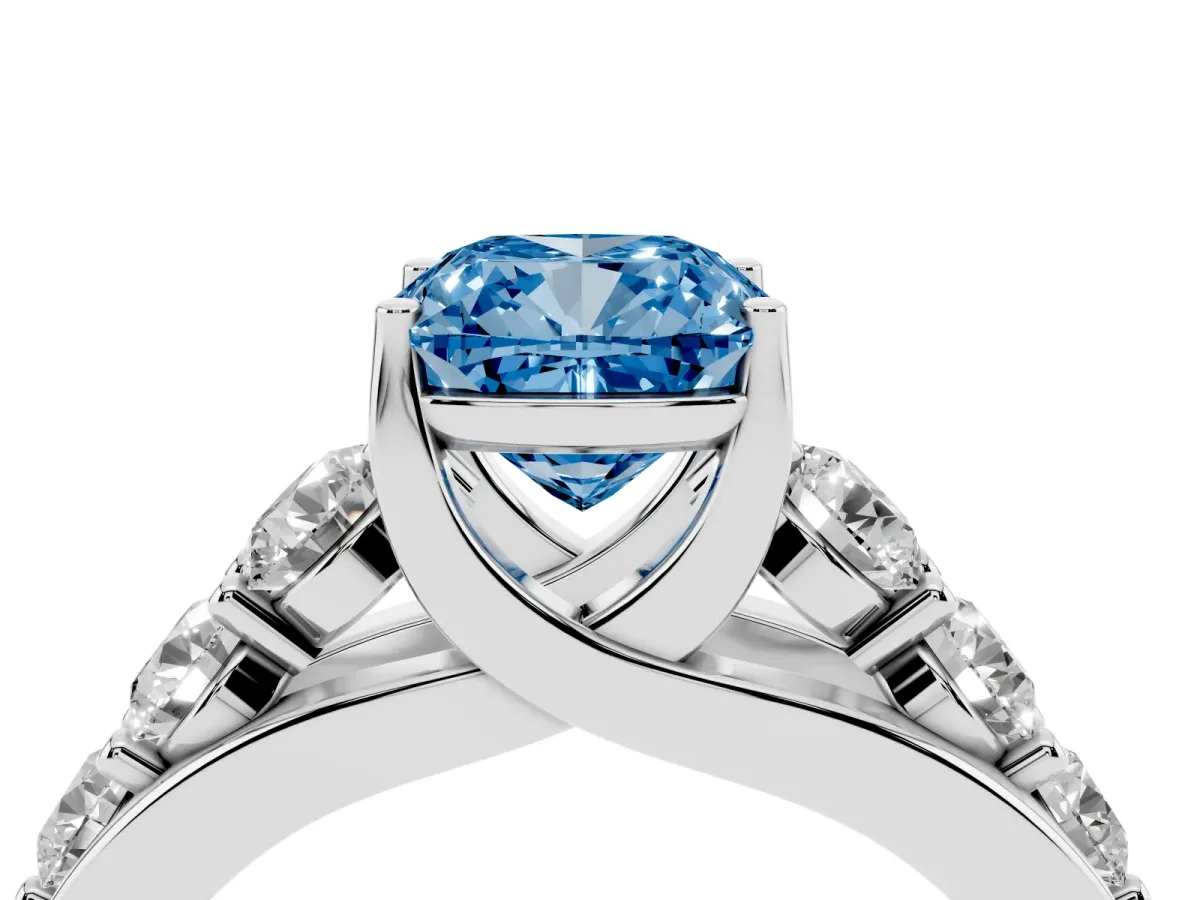 Fancy Blue Cushion Cut Diamond Engagement Ring with Pavé Band and Four-Prong Setting Silver