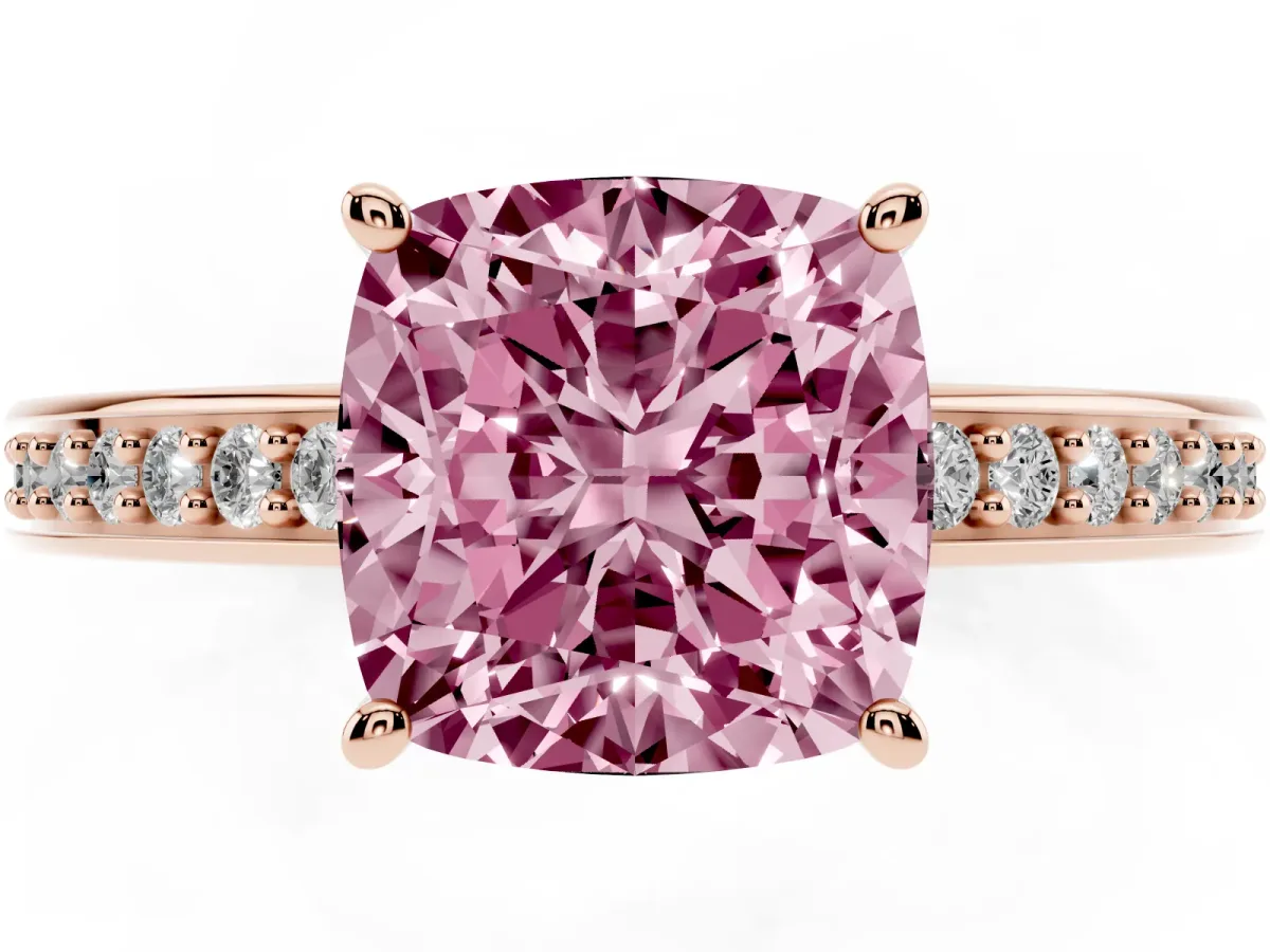 Fancy Pink Cushion Cut Solitaire Pavé Band Prong Setting Ring Rose gold