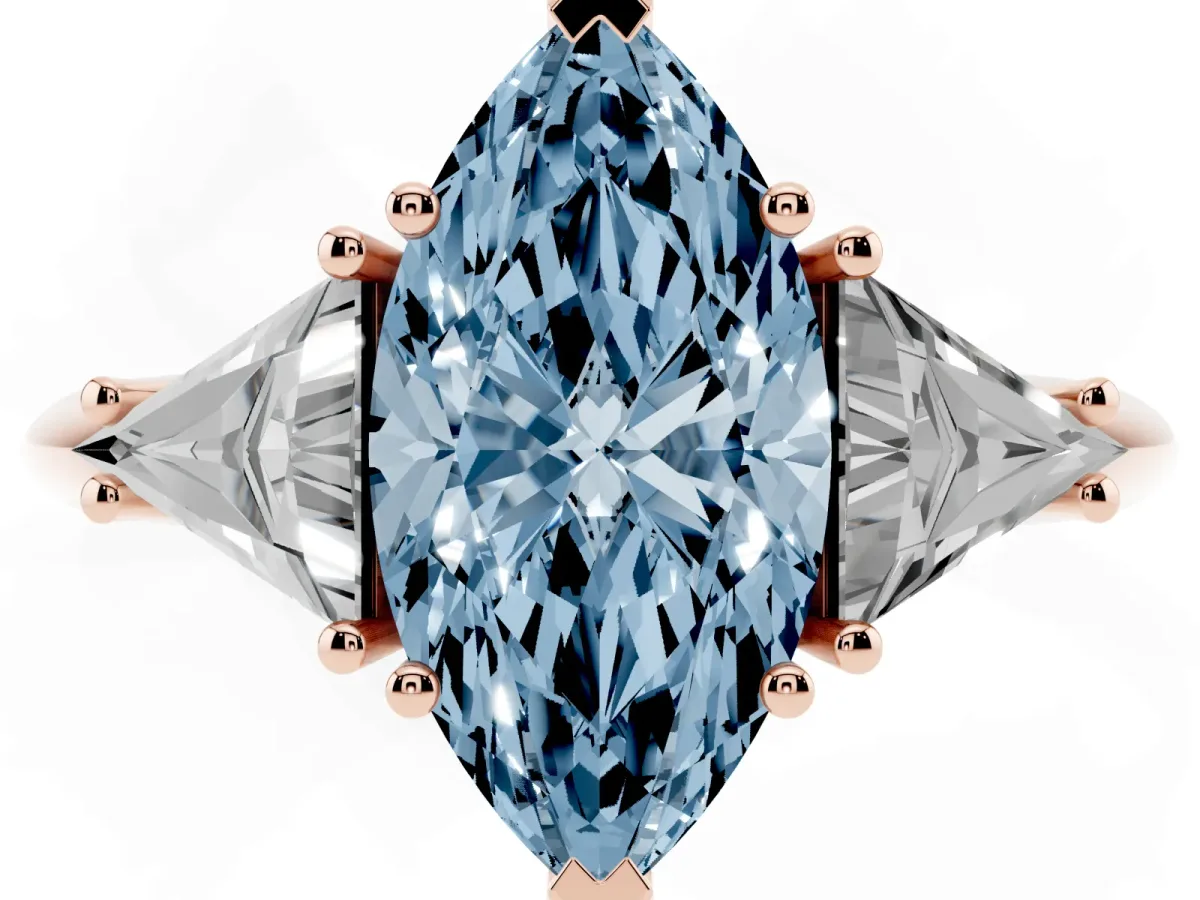 Fancy Blue Three-Stone Marquise Cut Diamond Engagement Ring with Trillion Side Stones and Prong Setting Rose gold