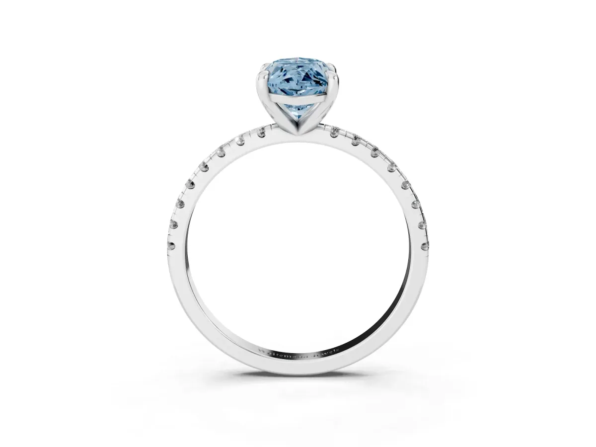 Fancy Blue Marquise Cut Diamond Brilliant Solitaire Ring with Pavé Band and Four-Prong Setting Silver
