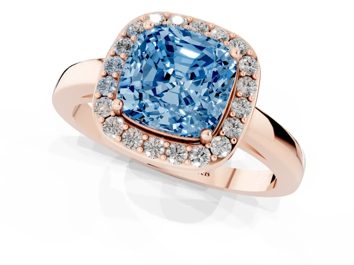 Fancy Blue Cushion Cut Halo Diamond Ring with Solitaire Band and Prong Setting Rose gold