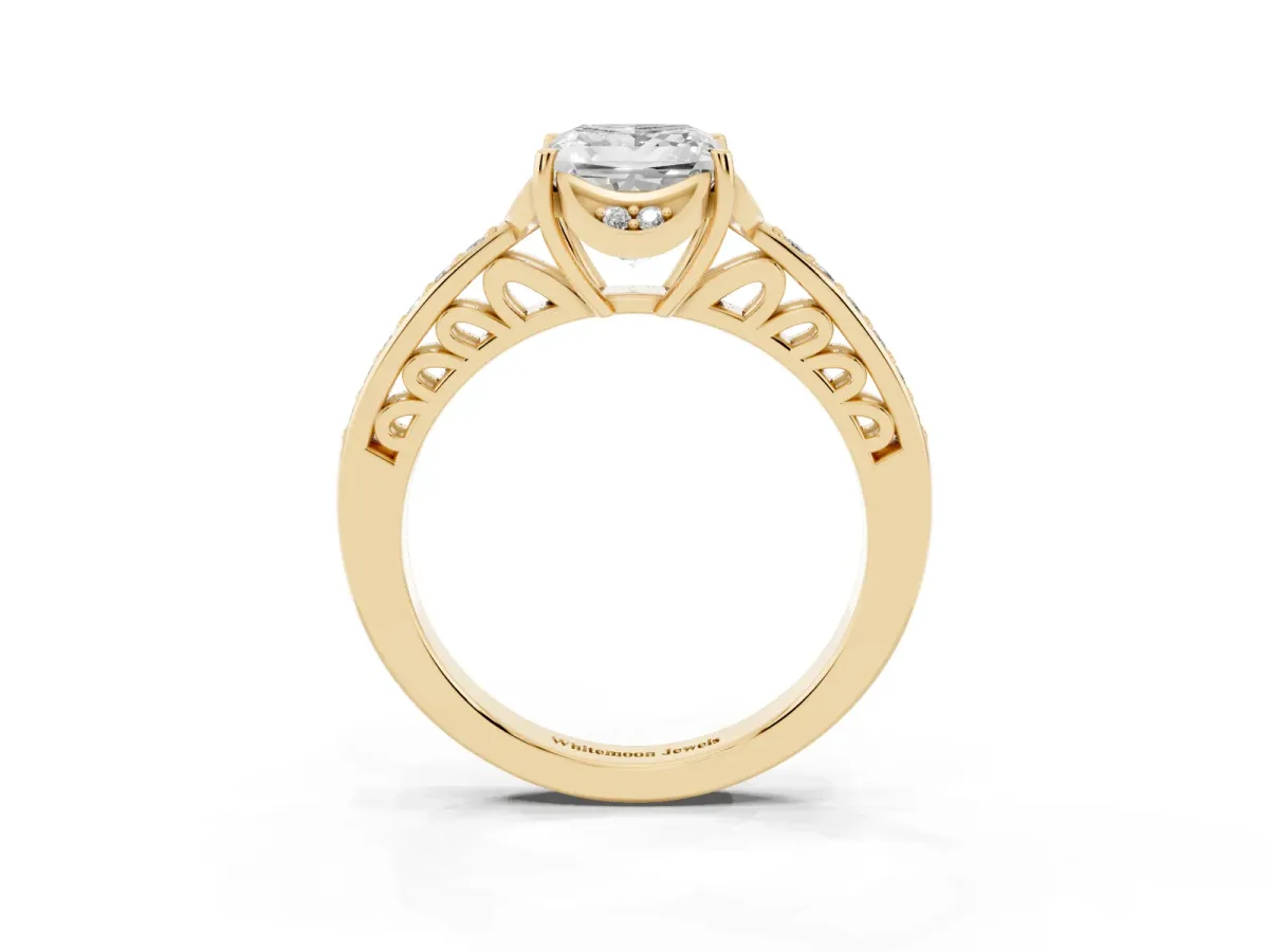 Princess Cut Cut Halo Diamond Ring with Channel Set Band and Four-Prong Setting Yellow gold