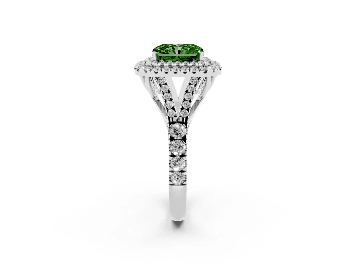 Fancy Green Radiant Cut Diamond Double Halo Ring with Split Shank and Prong Setting White gold