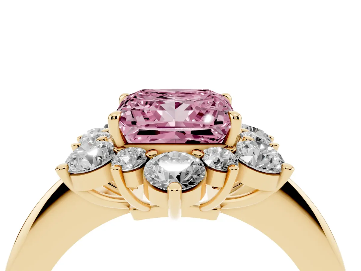 Fancy Pink Princess Cut Diamond Cluster Halo Ring with Solitaire Band and Four-Prong Setting Yellow gold