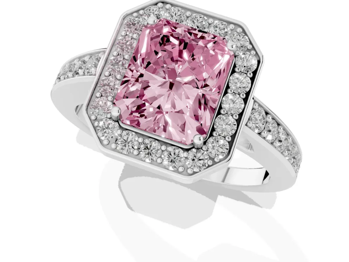 Fancy Pink Radiant Cut Halo Pavé Diamond Engagement Ring with Bezel Setting Silver