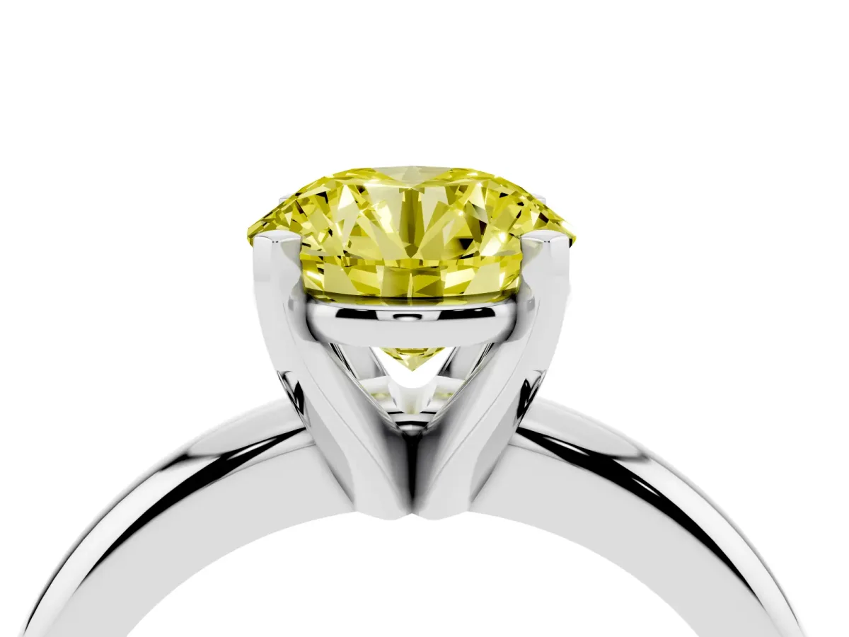 Fancy Yellow Round Cut Diamond Solitaire Engagement Ring with Round Band and Four-Prong Setting Platinum