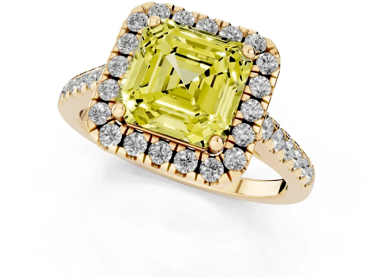 Fancy Yellow Asscher Cut Halo Pavé Diamond Engagement Ring with Four-Prong Setting Yellow gold