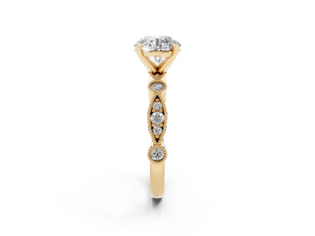 Round Cut Milgrain Bezel Diamond Engagement Ring with Solitaire Prong Setting Yellow gold