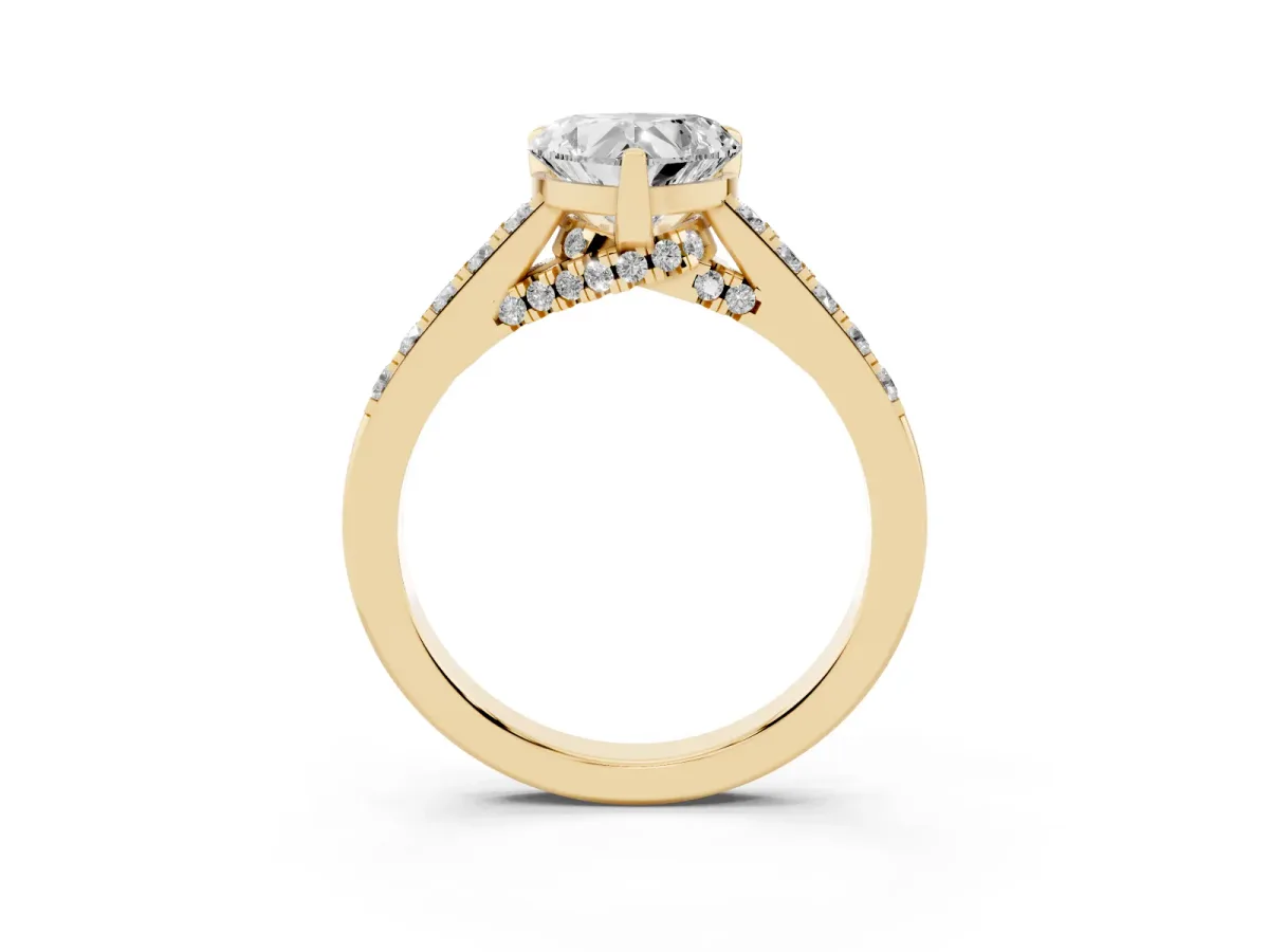 Heart Cut Diamond Solitaire Ring with Crossover Gallery and Round Pavé Band Yellow gold