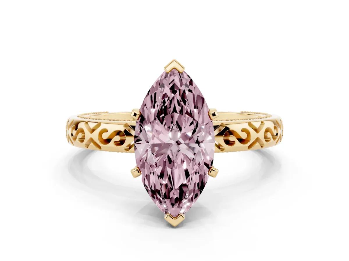 Fancy Pink Marquise Cut Solitaire Engagement Ring with Scrollwork Band and Four-Prong Setting Yellow gold
