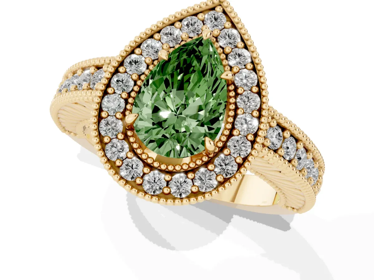 Fancy Green Pear Cut Cut Halo Diamond Ring with Pavé Band and Four-Prong Setting Yellow gold