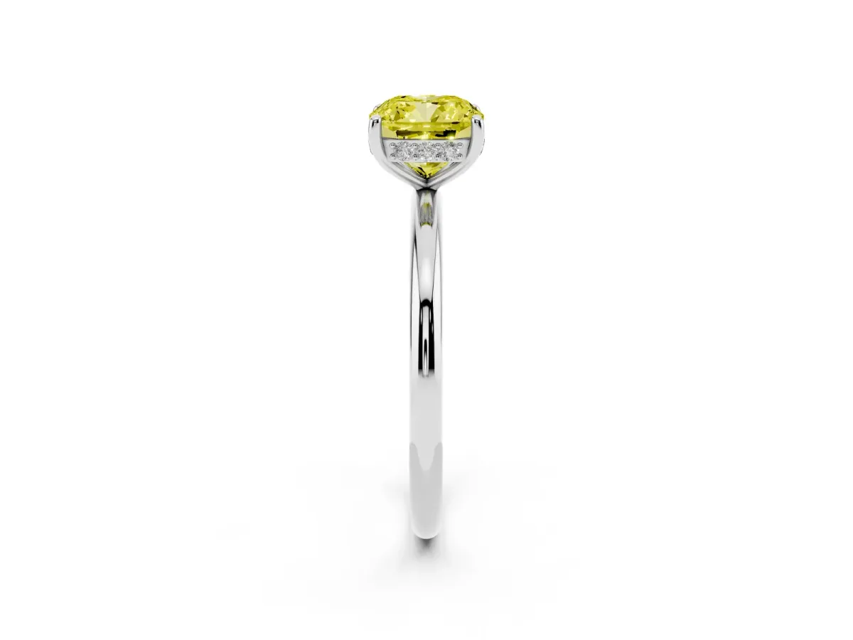 Fancy Yellow Cushion Cut Solitaire Diamond Ring with a Classic Band and Four-Prong Setting Silver