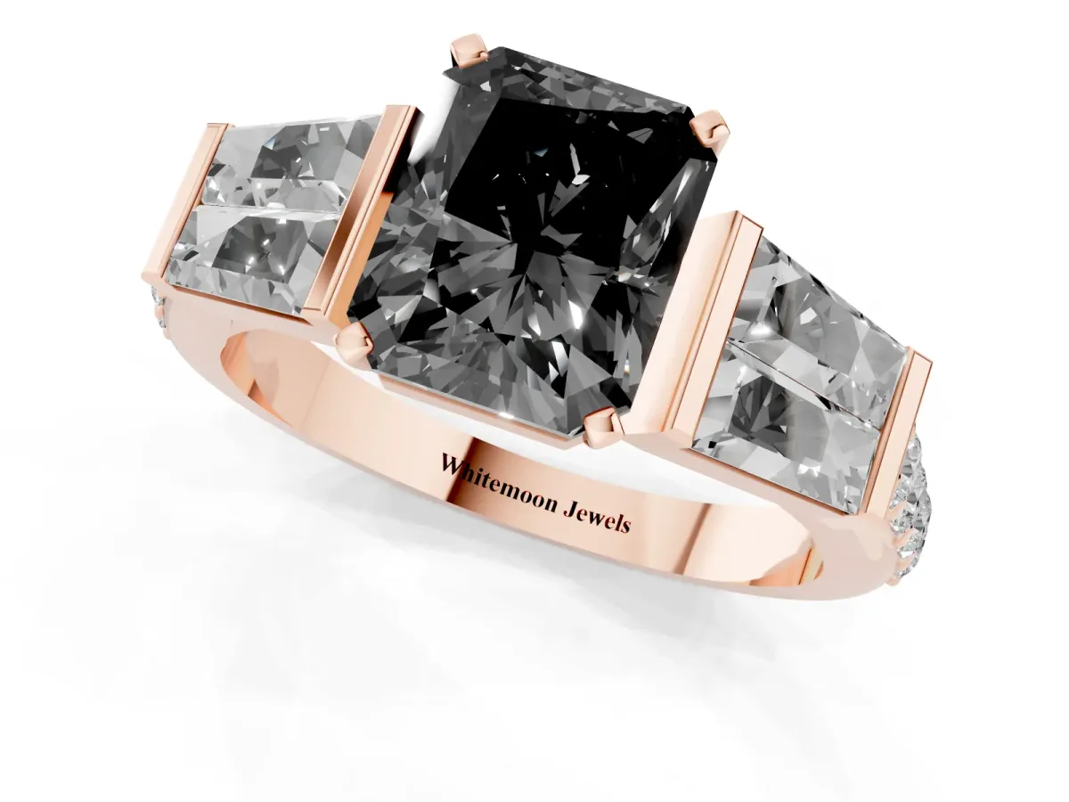 Fancy Black Radiant Cut Diamond Engagement Ring with Baguette Side Stones and Channel Set Band Rose gold