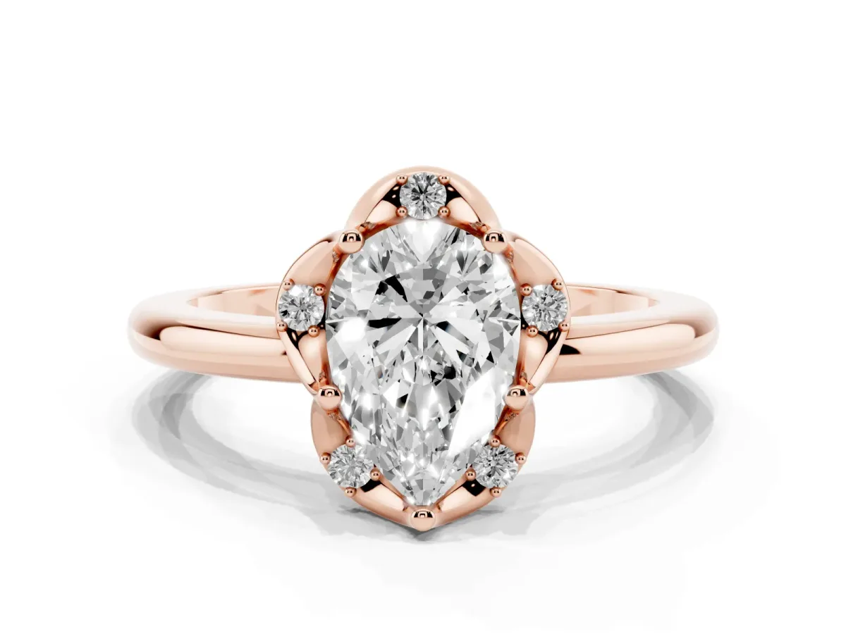 Pear Cut Halo Diamond Ring with Round Cluster Setting, Solitaire Band, and Four-Prong Setting Rose gold