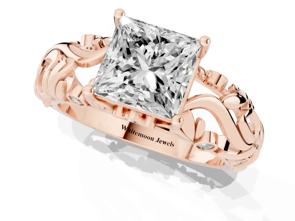 Princess Cut Solitaire Diamond Leaf-Inspired Vine Band Ring with Prong Setting Rose gold