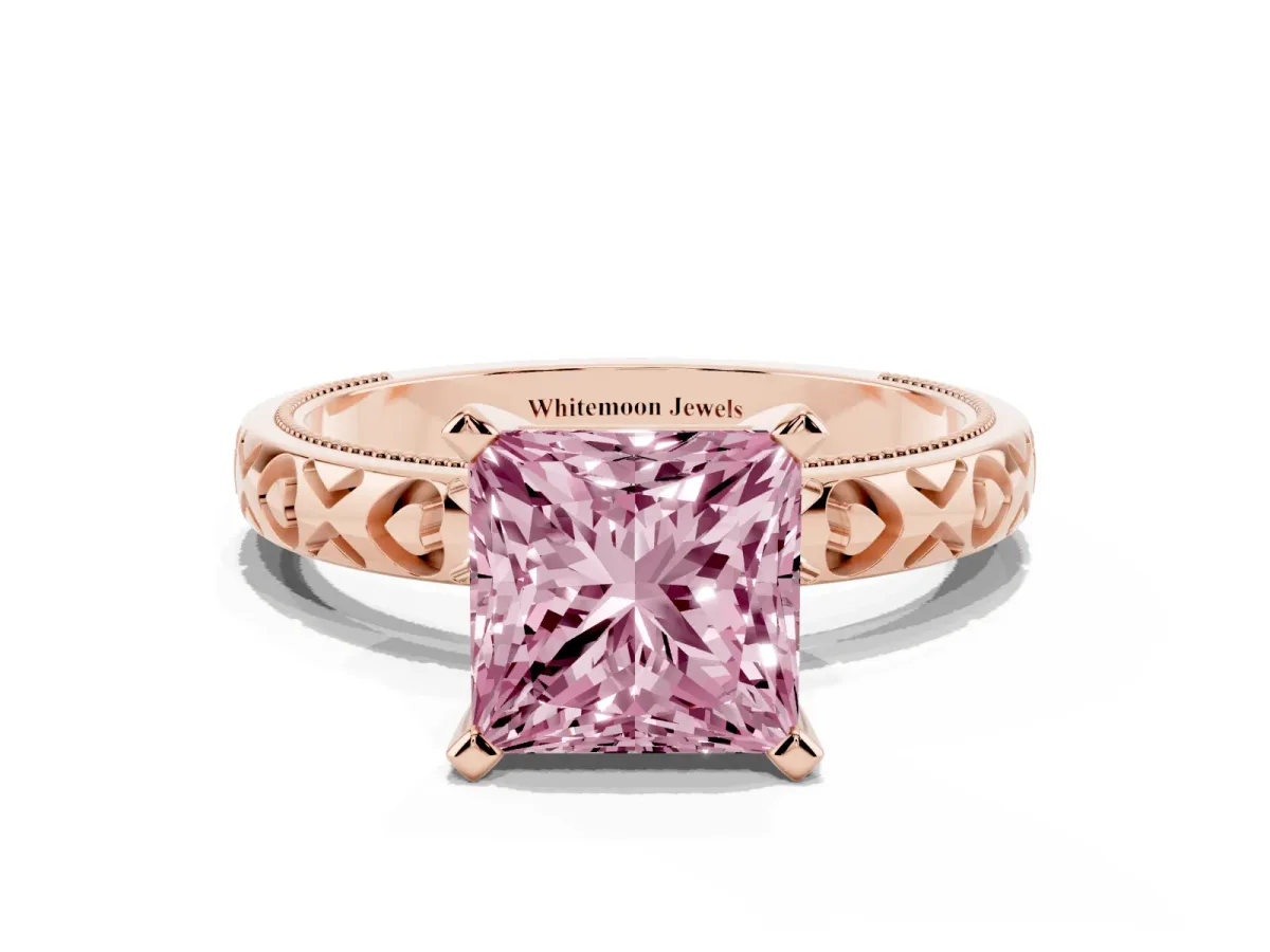 Fancy Pink Princess Cut Solitaire Diamond Engagement Ring with XO Engraved Band and Four-Prong Setting Rose gold