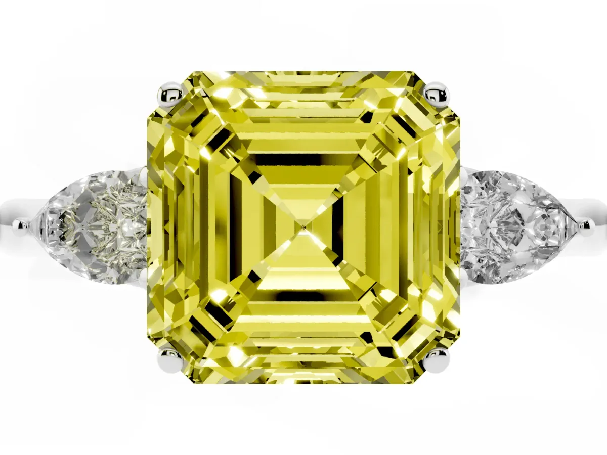Fancy Yellow Asscher Cut Diamond Three-Stone Ring with Pear Side Stones and Prong Setting Silver
