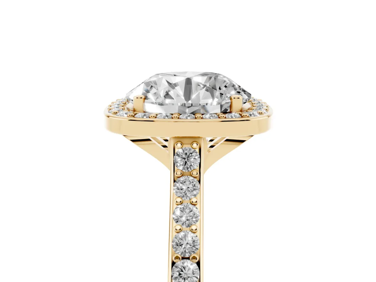 Round Cut Diamond Halo Engagement Ring with Round Pavé Shoulders and Prong Setting Yellow gold