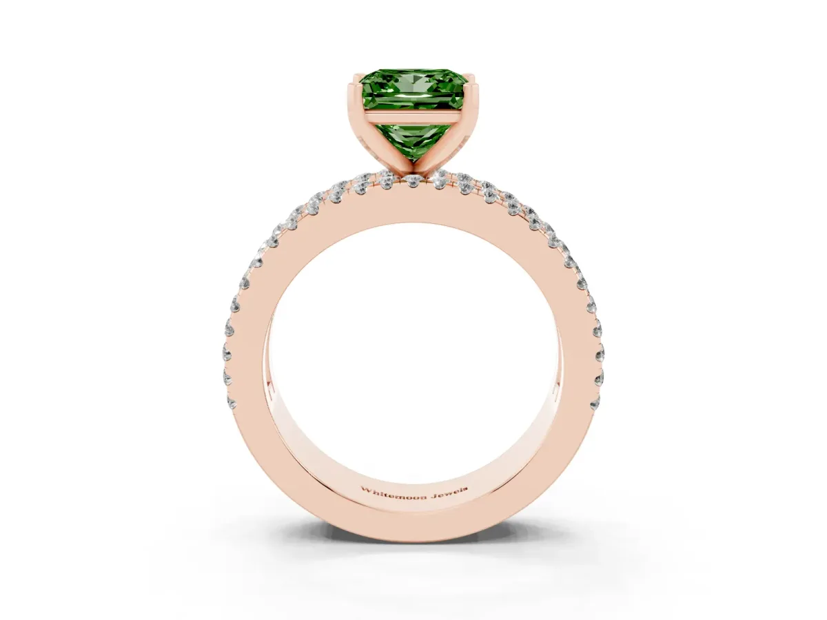 Fancy Green Princess Cut Diamond Solitaire Ring with Pavé and Channel Set Band Rose gold