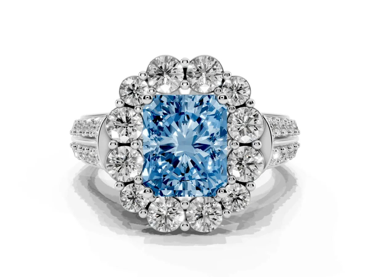Fancy Blue Radiant Cut Halo Diamond Engagement Ring with Split Shank and Prong Setting Silver