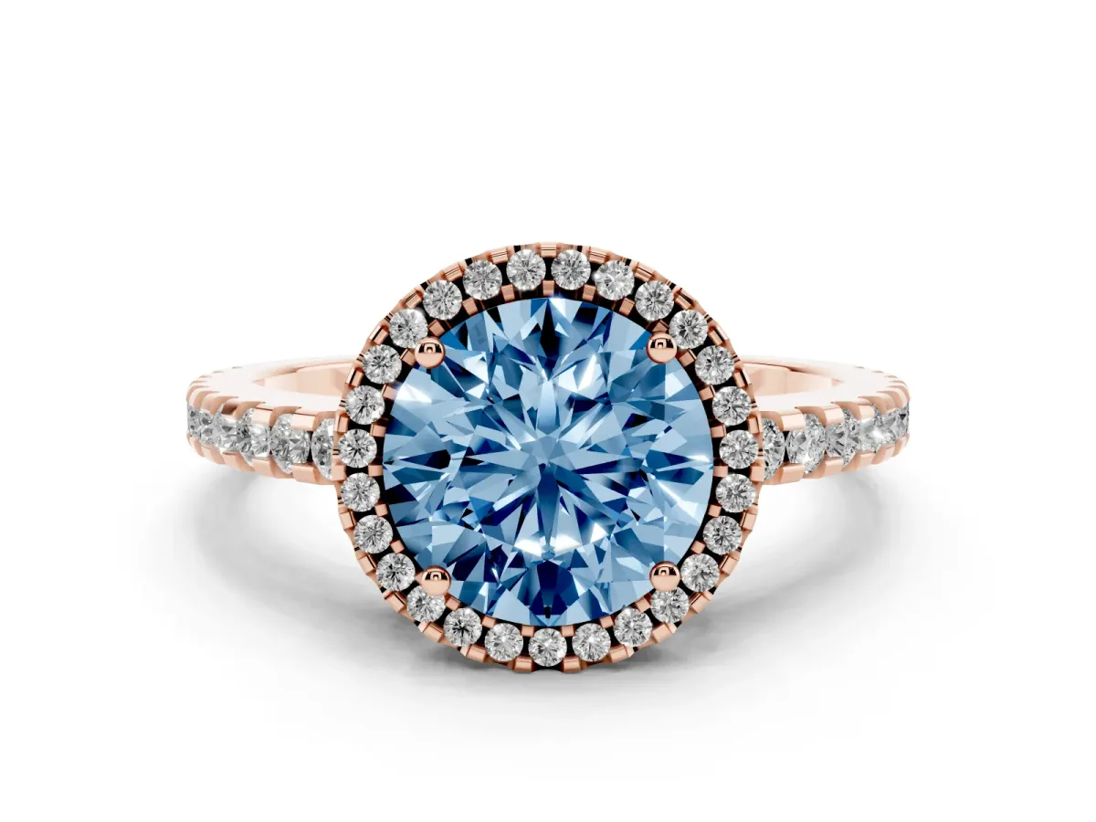 Fancy Blue Round Cut Diamond Halo Engagement Ring with Pavé Band and Prong Setting Rose gold