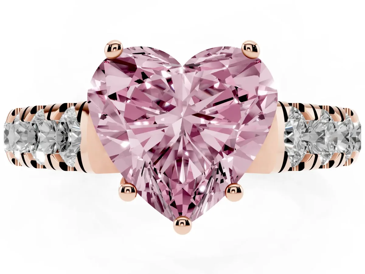 Fancy Pink Heart Cut Cut Diamond Solitaire Ring with Micro Pave Band and Prong Setting Rose gold