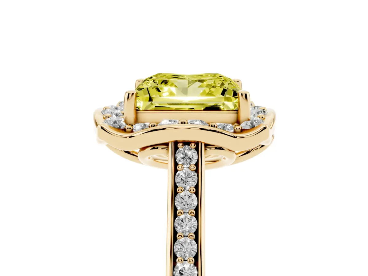 Fancy Yellow Princess Cut Halo Round Diamond Pave Band with Four-Prong Setting Yellow gold