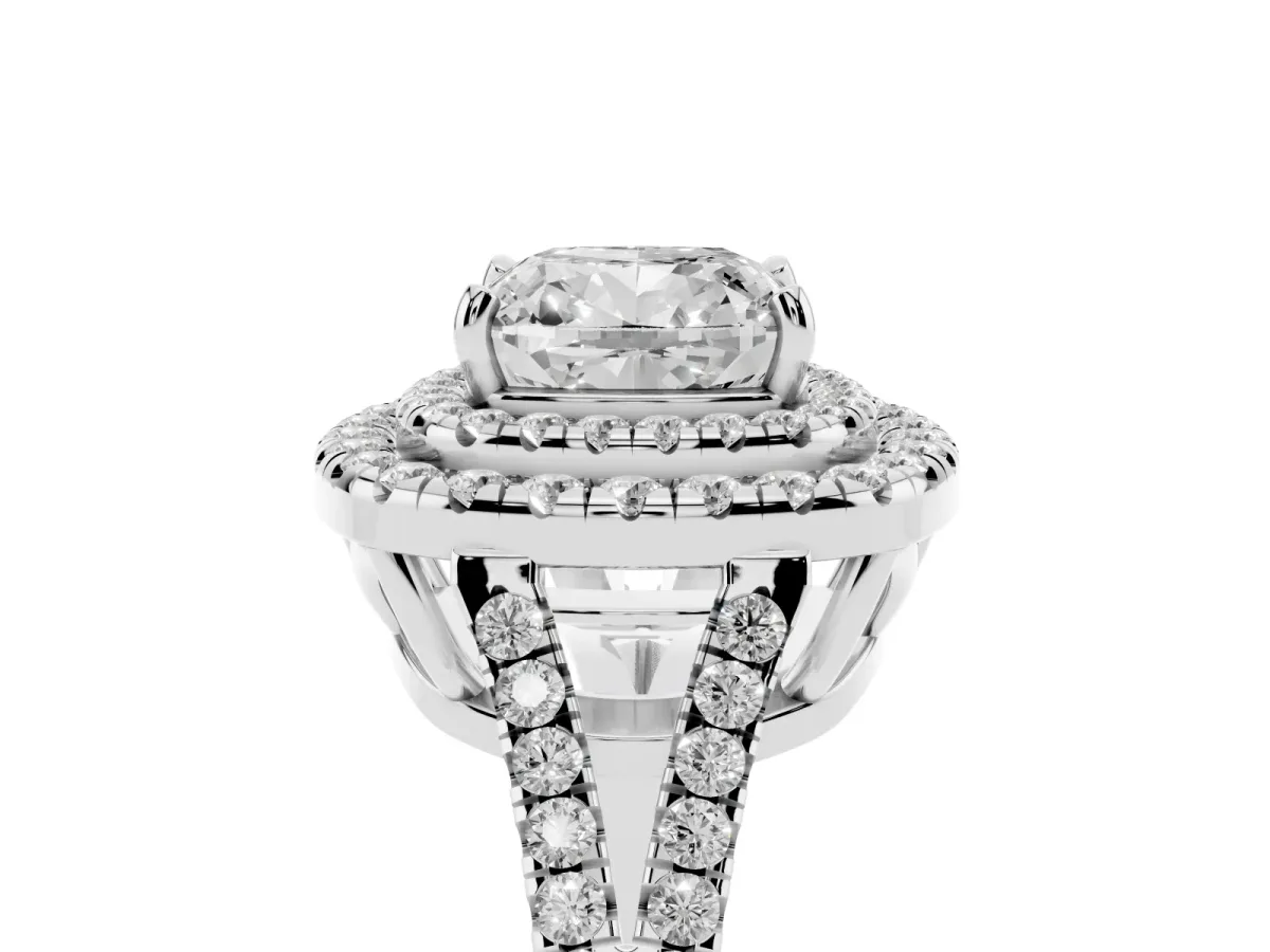 Cushion Cut Diamond Double Halo Ring with Pavé Band and Prong Setting Platinum
