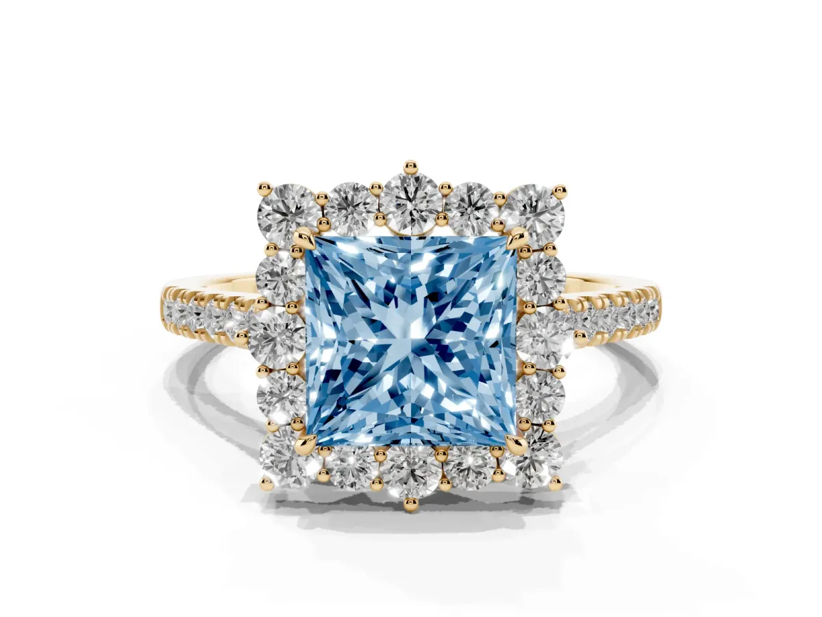 Fancy Blue Princess Cut Halo Diamond Ring with Pavé Band and Prong Setting Yellow gold