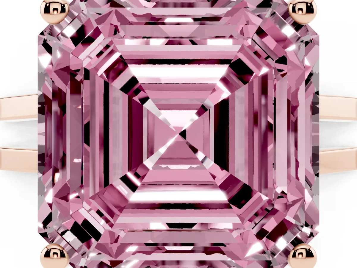 Fancy Pink Asscher Cut Cut Diamond Solitaire Engagement Ring with Tapered Plain Band and Four-Prong Setting Rose gold