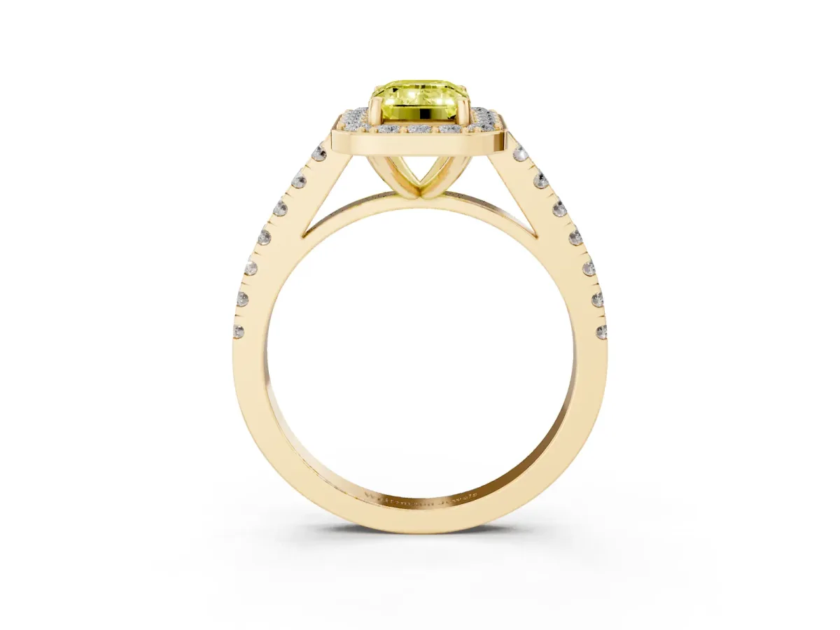 Fancy Yellow Emerald Cut Diamond Halo Ring with Round Pavé Split Shank and Prong Setting Yellow gold