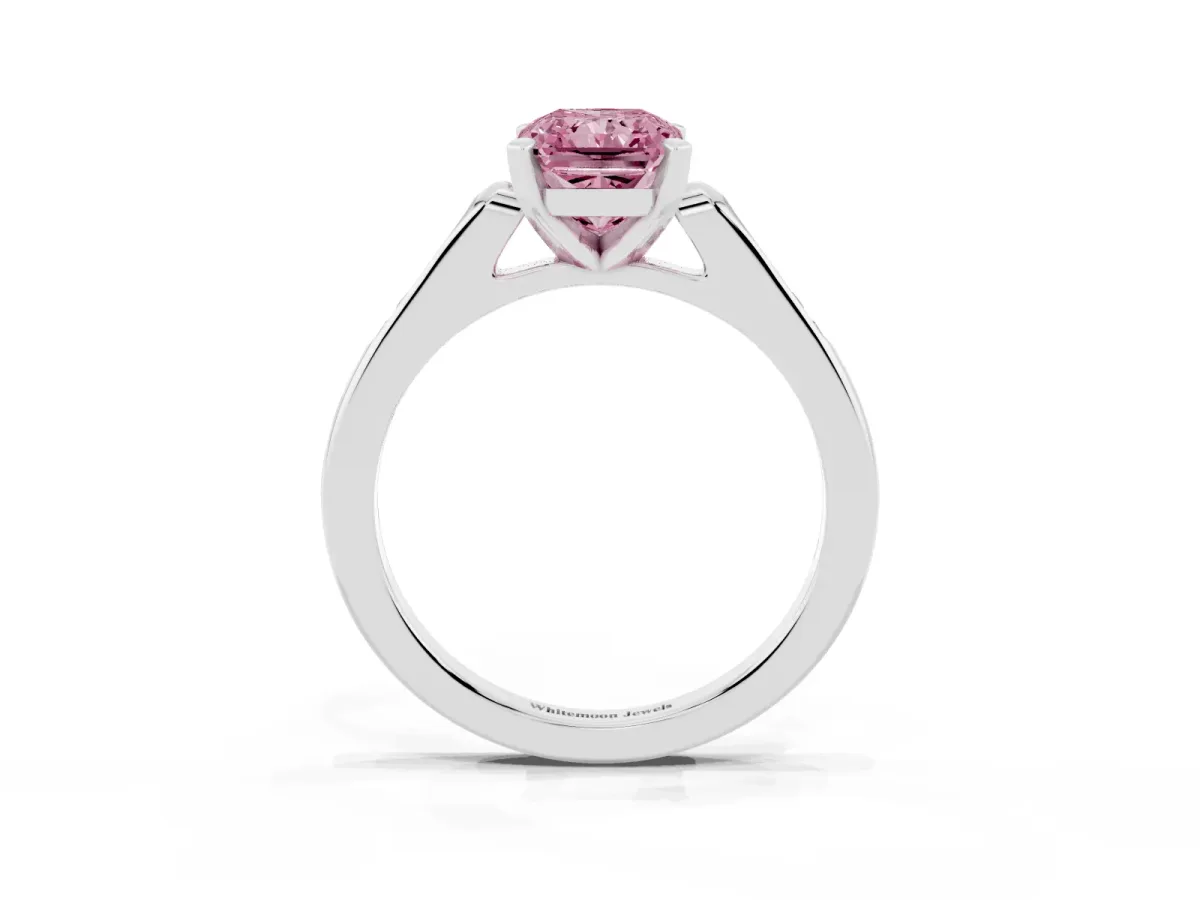 Fancy Pink Radiant Cut Diamond Solitaire Ring with Channel Set Round Band and Prong Setting Silver