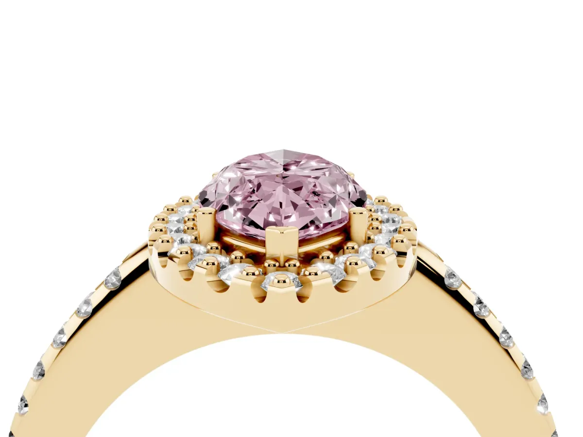 Fancy Pink Marquise Cut Diamond Pavé Halo Ring with Four-Prong Setting Yellow gold