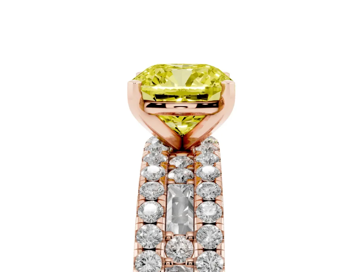 Fancy Yellow Cushion Cut Diamond Solitaire Ring with Pavé and Channel Set Band Rose gold