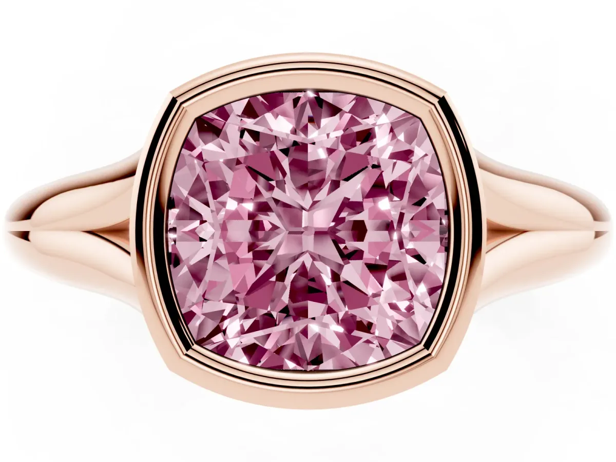 Fancy Pink Bezel Set Cushion Cut Solitaire Diamond Ring with Smooth Band Rose gold