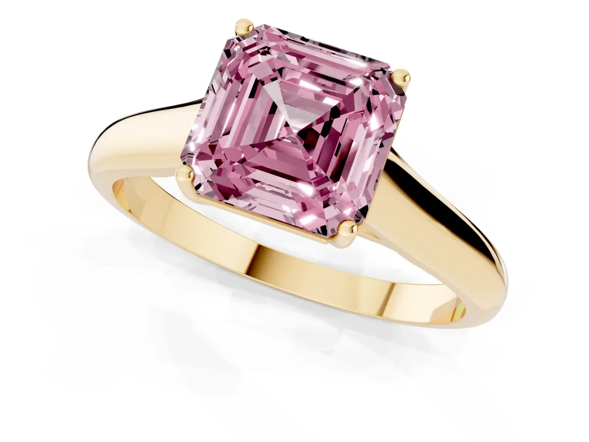 Fancy Pink Asscher Cut Solitaire Engagement Ring with Tapered Band and Four-Prong Setting Yellow gold