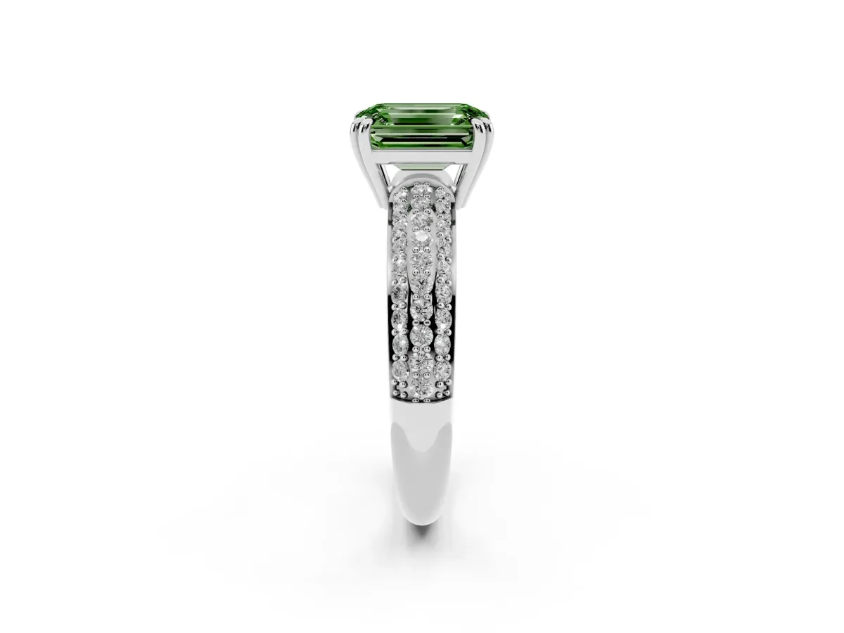 Fancy Green Emerald Cut Diamond Solitaire Ring with Multi-Row Round Pavé Band and Prong Setting Silver