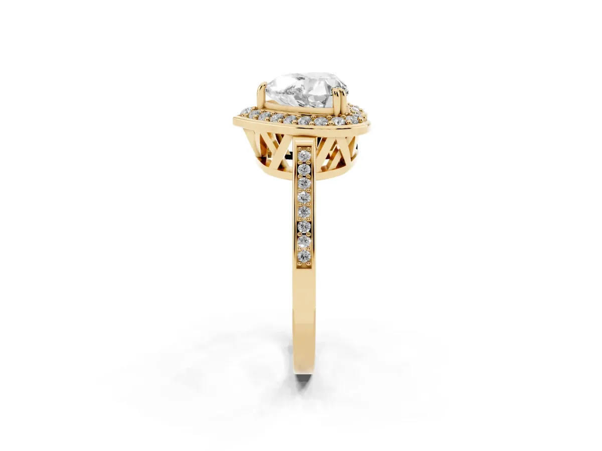 Heart Cut Diamond Halo Ring with Split Shank and Four-Prong Setting Yellow gold