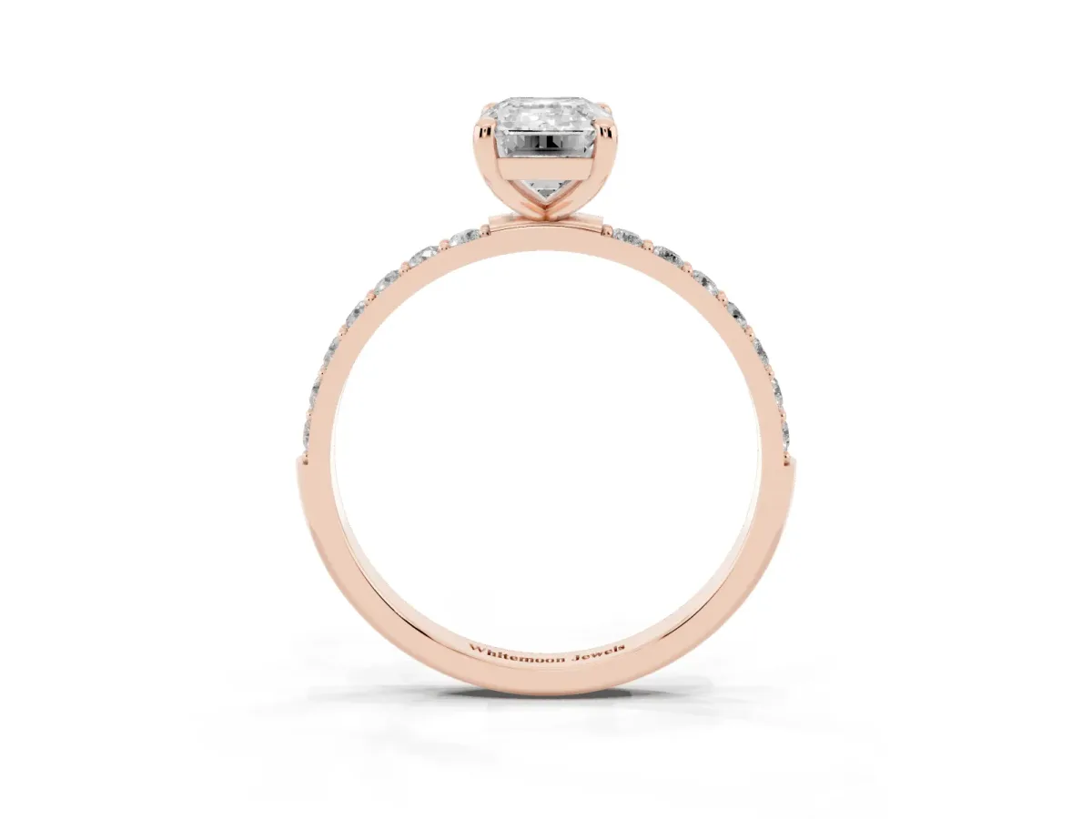 Emerald Cut Diamond Solitaire Ring with Round Pavé Band and Prong Setting Rose gold