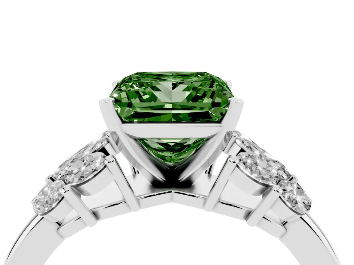 Fancy Green Princess Cut Diamond Cluster Leaf Design Ring with Prong Setting White gold